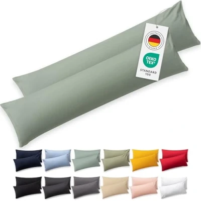 Abbildung von Blumtal Seitenschläferkissen Bezug 40 x 145 (2er Set Kissenbezüge) Hellgrün 100% Baumwolle, Oeko Tex Zertifiziert, Kissenbezug für Seitenschläferkissen, Kissenhülle mit Reißverschluss