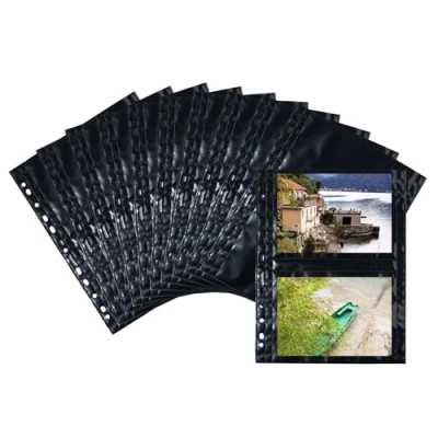 Abbildung von HERMA 7787 Fotohüllen für Ordner, 10 Stück, 13x18 cm quer, 2 Fächer geteilt, beidseitig bestückbare Fotophan Fotosichthüllen Sammelhüllen Postkartenhüllen Prospekthüllen mit Eurolochung, schwarz