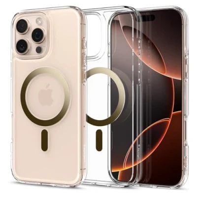 Abbildung von Spigen für iPhone 16 Pro Hülle [Anti Yellowing] Ultra Hybrid MagFit Case Handyhülle Transparent Dünn Slim Kompatibel mit MagSafe Gold