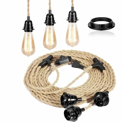 Abbildung von FRIDEKO HOME Pendelleuchte mit Stecker,3 Flammige Lampenfassung E27 Kabel,Vintage Lampenkabel Schalter 8,8M Hanfseil Plug,DIY Hängelampe für Esszimmer Schlafzimmer Ohne Glühbirne