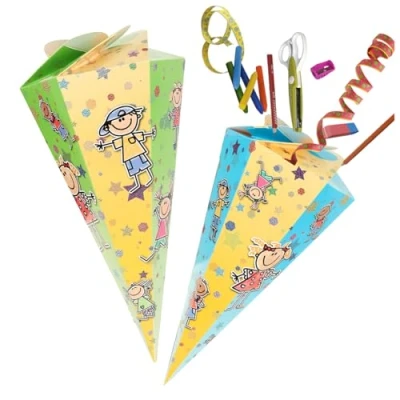 Abbildung von com four® 2X Schultüte 30cm Geschwisterschultüten aus Pappe Faltbare Zuckertüte für die Einschulung zum Schulanfang Geschenkverpackung Schulanfänger