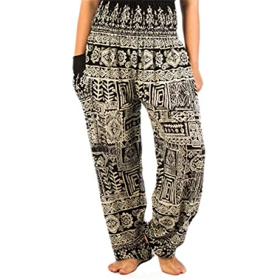 Abbildung von Lofbaz Damen Haremshose mit gesmoktem Bund Geometrischer Druck Schwarz Size L