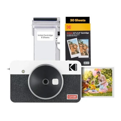 Abbildung von KODAK Mini Shot 2 Retro 4Pass in 1 Sofortbildkamera und Fotodrucker (5,3x8,6cm) + 68 Blatt Paket, Weiß