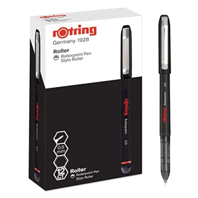 Abbildung von rOtring Rollerball Tintenroller Nadelspitze (0,5 mm) für präzise Linien schwarze Tinte 12 Stück