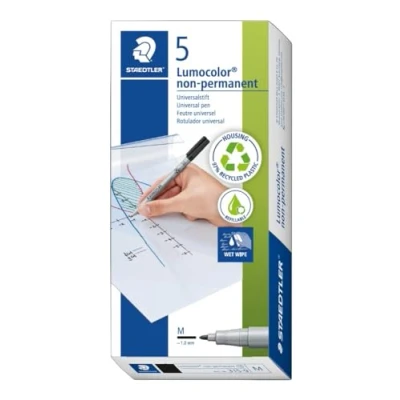 Abbildung von Staedtler Folienstift Lumocolor non permanent, wasserlösliche Tinte, für fast alle Oberflächen geeignet, Linienbreite M 1 mm, nachfüllbar, lange Lebensdauer, 5 schwarze Stifte, 315 9X