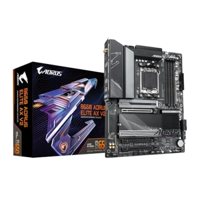 Abbildung von GIGABYTE B650 AORUS Elite AX V2 Mainboard AMD Ryzen 9000er Serie, 12+2+2 Phasen VRM, bis zu 8000 MHz DDR5 (OC), 1xPCIe 5.0 + 2xPCIe 4.0 M.2, 2,5 GbE LAN, WiFi 6E, USB 3.2 Gen 2