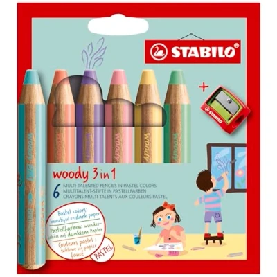 Abbildung von Buntstift, Wasserfarbe &amp; Wachsmalkreide STABILO woody 3 in 1 6er Pack mit Spitzer 6 verschiedenen Pastellfarben