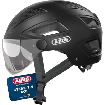 Abbildung von ABUS Stadthelm Hyban 2.0 ACE Fahrradhelm mit Visier, Licht und ABS Hartschale für Damen Herren Schwarz Matt, Größe XL