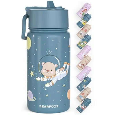 Abbildung von BEARFOOT Trinkflasche Kinder Edelstahl mit Strohhalm Thermosflasche 400ml BPA frei auslaufsicher Kleinkinder, Mädchen &amp; Jungen Wasserflasche für Schule, Kindergarten (Blau Astronaut Bär)