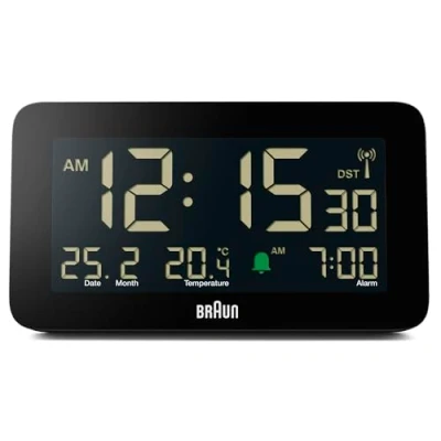 Abbildung von Braun Funk Digitalwecker für die Mitteleuropäische Zeitzone (DCF) mit Datums , Monats und Temperaturanzeige, Negatives LCD Display, Schnelleinstellung, schwarz, Modell BC10B DCF.