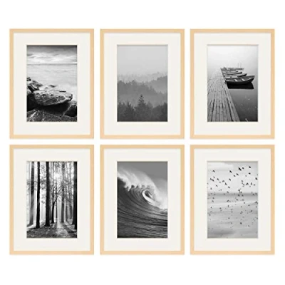 Abbildung von PHOTOLINI Bilderrahmen 30x40 cm MDF Holz Natur, 6er Set Posterrahmen mit Passepartout, bruchsicheres Acrylglas, zum Aufhängen, extra Zubehör für Fotos, Bilder &amp; Poster