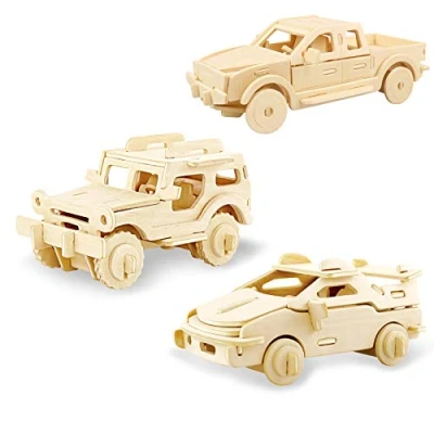 Abbildung von Georgie Porgy Hölzerne 3D Puzzle Sammlung Modell Kit Baukasten Holzhandwerk Kinder Pädagogisches Spielzeug DIY Geschenk Packung 3 (Jeep Autos Pickup)