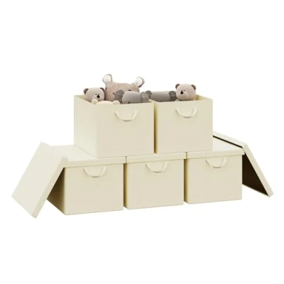 Abbildung von WOLTU Aufbewahrungsbox mit Deckel 5 Stück, aus Polyesterstoff, für Schlafzimmer, Arbeitszimmer, Wohnzimmer, Organizer Box Griffen, Kleidung Spielzeug, faltbar, Creme, 48x30x36 cm