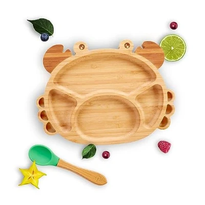 Abbildung von Kleiner Fuchs Hochwertiges Bambus Teller mit Rutschfestem Saugnapf passendem Baby Löffel Macht Mahlzeiten Spaß, Geschirr Set Geschenkbox Essenlernen Krabbe Design