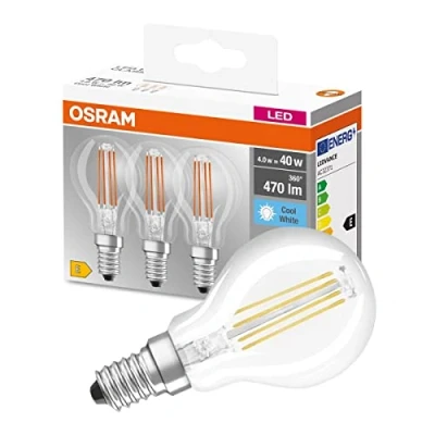 Abbildung von Osram LED Base Classic P Lampe, in Tropfenform mit E14 Sockel, nicht dimmbar, Ersetzt 40 Watt, Filamentstil Klar, Kaltweiß 4000 Kelvin, 3er Pack