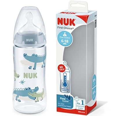 Abbildung von NUK First Choice+ Flow Control Flasche 6 18 Monate Temperaturkontrolle Silikonsauger Anti Kolik Ventil BPA frei 360 ml Blau 1 Stück