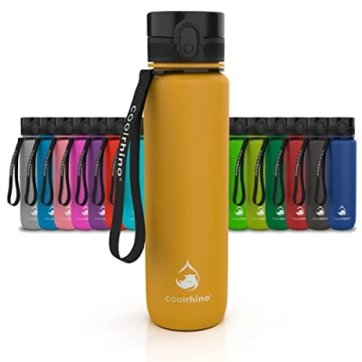 Abbildung von coolrhino Trinkflasche 1500ml für Sport, Outdoor, Schule, Fitness &amp; Kinder Wasserflasche auslaufsicher und Bpa frei Flasche Kohlensäure geeignet (Rhino Sun Yellow, 1500ml)