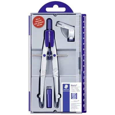 Abbildung von STAEDTLER Noris Club 550 01 Zirkel, Schulzirkel mit Schnellverstellung, Set Universaladapter und Ersatzminen, exakt präzise, stabiles Etui Klappdeckel, silber/blau