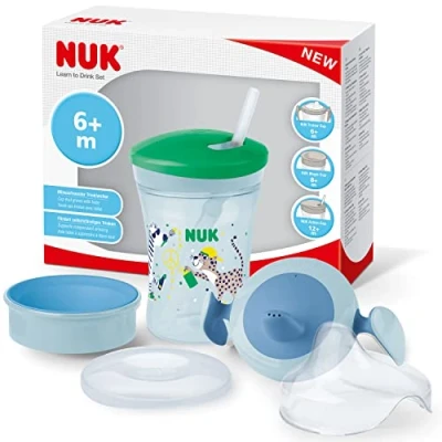 Abbildung von NUK 3 in 1 Trinklernset mit Trainer Cup Schnabeltasse (6+ Monate), Magic 360 Trinklernbecher (8+ M) &amp; Action Trinkflasche Kinder (12+ 230 ml BPA frei grüner Leopard