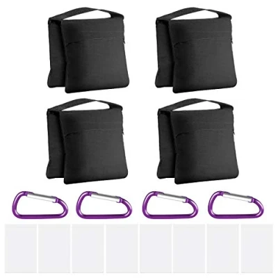 Abbildung von Neewer 4 Pack Fotografie Heavy Duty Sandsäcke Saddlebag Design Gewicht Taschen für Foto Video Studio Stehen Hinterhof im Freien Terrasse Sport, transparente PP Tasche und Clips enthalten (schwarz)