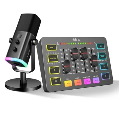 Abbildung von FIFINE XLR Streaming Mikrofon und Gaming Audio Mixer, USB Dynamisch Microphone PC für Podcast Studio, RGB Mixer mit Interface (AM8 + SC3)