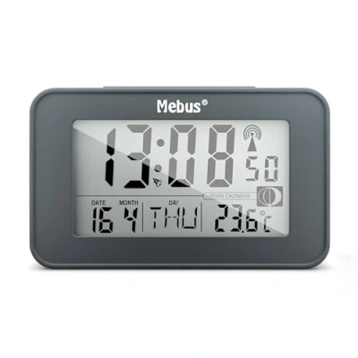 Abbildung von Mebus digitaler Funk Wecker mit Mondkalender, Beleuchtung, Innenthermometer, 2 Weckzeiten, Schlummer Funktion/Material: Kunststoff/Farbe: Grau/Modell: 51460
