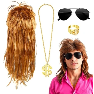 Abbildung von 4 in 1 Vokuhila 80er &amp; 90er Kostüm Set für zu Fasching Karneval mit Assi Perücke Vokuhila, Goldkette Dollar Brille Goldring