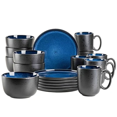 Abbildung von MÄSER 931971 Serie Niara, Modernes Geschirr Set für 6 Personen in aufregendem Vintage Look, 18 teiliges Frühstücksgeschirr Service aus Keramik Blau und Schwarz, Steinzeug