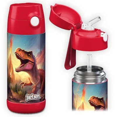 Abbildung von JARLSON® Trinkflasche Kinder Edelstahl &quot;CHARLI&quot; mit Strohhalm Thermosflasche 350ml TÜV geprüft BPA frei auslaufsicher Thermo Wasserflasche für Schule, Kindergarten Dinosaurier 2.0, 350 ml