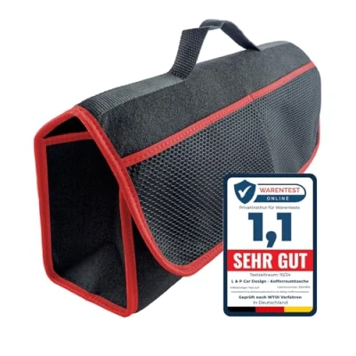 Abbildung von L &amp; P Car Design Kofferraumtasche Organizer Autotasche Auto Kofferraum KFZ Tasche Toolbag Aufbewahrungstasche mit Klettverschluss (Schwarz rot)