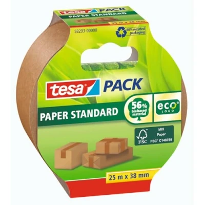 Abbildung von tesapack Papier Standard Umweltschonendes Paketband aus Papier, 56% biobasiertes Material Effizient und recyclingfreundlich Braun 25 m x 38 mm