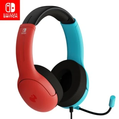 Abbildung von PDP Gaming LVL40 Stereo Kopfhörer mit Mic für Nintendo Switch PC, iPad, Mac, Laptop Compatible Noise Cancelling Microphone, Lightweight, Soft Komfort On Ear, 3.5 mm Jack neon Blau Rot
