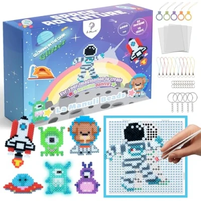 Abbildung von La Manuli Bügelperlenset 6000 stk 5mm Steckperlen Set mit Platte Zubehör Muster 32 Farben Neon, Glitzer und Leuchtend im Dunkeln, Bügelperlen ab 6 Jahre