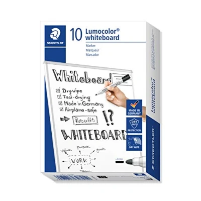 Abbildung von STAEDTLER Whiteboard Marker Lumocolor, schwarz, trocken und rückstandsfrei abwischbar, Rundspitze ca. 2 mm Linienbreite, hohe Qualität Made in Germany, 10 schwarze Marker, 351 9