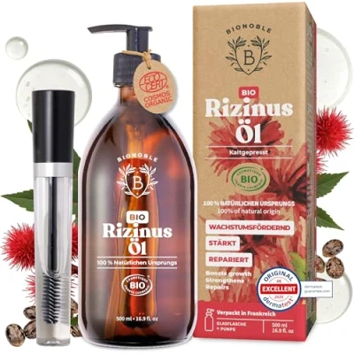 Abbildung von Bionoble Rizinusöl Bio 500ml 100% Rein, Natürlich, Kaltgepresst Wimpern, Augenbrauen, Haare, Bart, Nägel Vegan, Cruelty Free Castor Oil Glasflasche + Pumpe Mascara Kit