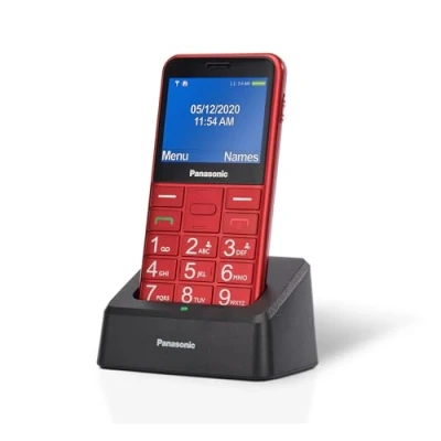Abbildung von Panasonic KX TU155EXRN Essentials Mobiltelefon für ältere Menschen mit Ladestation, SOS Notfalltaste, Prioritätsanruf, Großtastentelefon, hörgerätekompatibel, Bluetooth, UKW Radio, Kamera, Rot