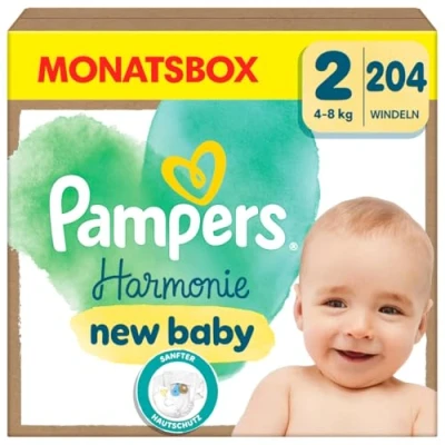 Abbildung von Pampers Baby Windeln Größe 2 (4 8 kg) Harmonie, MONATSBOX, Sanfter Hautschutz Und Pflanzenbasierte Inhaltsstoffe, 204 Stück
