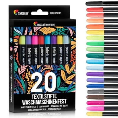 Abbildung von 20 Textilstifte Waschmaschinenfest Textilfarbe Ungiftig, Waschfeste und Permanente Stoff Marker ideal Für T Shirts, Stofftaschen andere Textilien Kinder Erwachsene