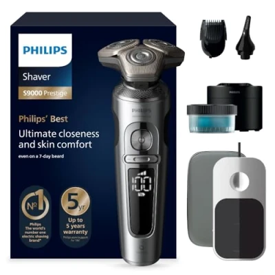Abbildung von Philips Rasierer S9000 Prestige Elektrischer Nass und Trockenrasierer, glänzendes Chrom, Lift &amp; Cut Rasiersystem, SkinIQ Technologie, Bartstyler, Reinigungsstation Qi Ladepad (Modell SP9885/35)