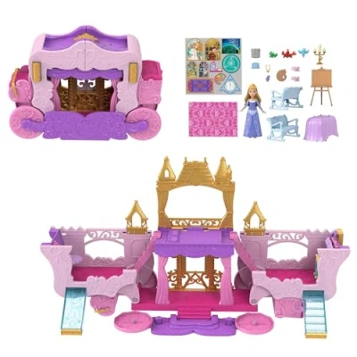 Abbildung von Mattel Disney Prinzessin Verwandlungs Spielset Kutsche zu Schloss mit kleiner Puppe Aurora, 3 Ebenen, 6 Spielbereichen, 4 Figuren, Möbeln &amp; Zubehör HWX17