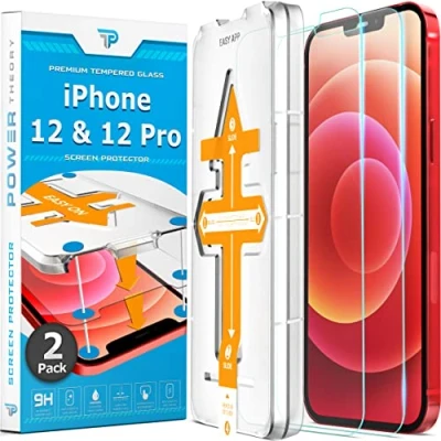 Abbildung von Power Theory Schutzglas für iPhone 12, 12 Pro Schutzfolie, Glas Displayschutz mit Schablone, Displayschutzfolie, Folie Anbringhilfe [2 Stück]