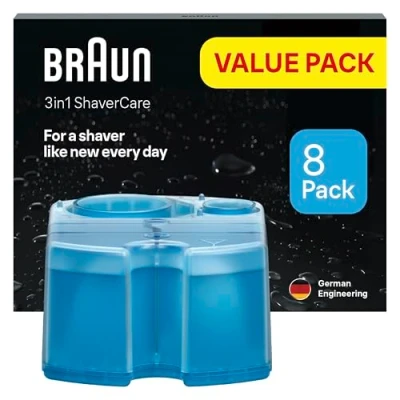 Abbildung von Braun 3 in 1 ShaverCare Reinigungskartuschen für Reinigungsstationen, reinigt Rasierer 10x besser als Wasser, ORIGINAL Kartusche, hygienische Reinigung, Entfernt Haare und Hautpartikel, 8er Pack