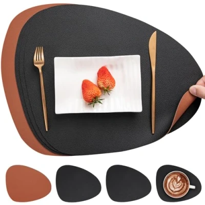 Abbildung von Myir JUN Tischsets Leder und Untersetzer, Abwaschbar Rund Doppelseitigen rutschfest Platzdeckchen Kunstleder Tischset Lederoptik Platzset (Schwarz Braun, Satz von 4)
