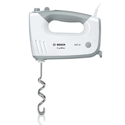 Abbildung von Bosch Hausgeräte Handrührer ErgoMixx MFQ36440, 2 Rührbesen, Edelstahl Knethaken, Pürierstab, Becher, spülmaschinengeeignet, 5 Stufen plus Turbostufe, 450 W, weiß
