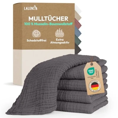 Abbildung von Laleni Spucktücher Baby im 5er Set aus Reiner Baumwolle schadstofffreie Mulltücher 70x70 saugstarke Mussellintücher Musselin Tuch als Mullwindel waschbare Anthrazit