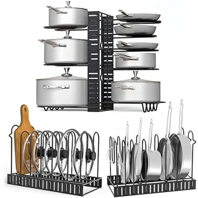 Abbildung von Toplife Doppelseitiger Pfannenhalter, Deckelhalter mit 8 verstellbaren Teiler, ideal Topfdeckelhalter in 2 DIY Methoden, Schwarz