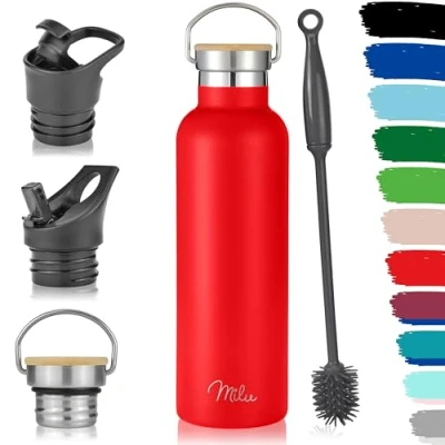 Abbildung von Milu Edelstahl Trinkflasche 350ml 500ml 750ml 1000ml (+3 Deckel) Thermosflasche mit Strohhalm, Isolierte Wasserflasche, Auslaufsichere Isolierflasche doppelwandig, Kohlensäure geeignet (Rot, 500ml)