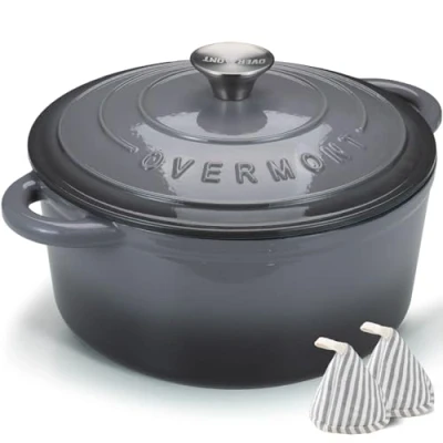 Abbildung von Overmont Bräter Emaille Gusseisen Topf Schmortopf 26cm backofengeeignet mit Deckel und Kochbuch für Küche Backen Schmoren Braten Grau