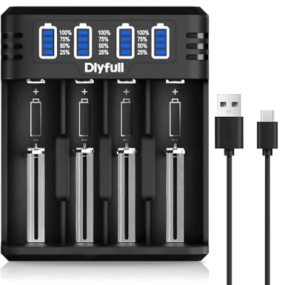 Abbildung von Dlyfull 18650 Ladegerät, 4 Fach Universal Akku Ladegerät mit LED Anzeige, Schnell USB C Batterieladegerät für 21700 17500 16340 26650 AA AAA 3,7V Li Ion Akkus 1,2V NI MH/NI CD Batterie