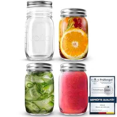 Abbildung von volila Mason Jar mit Deckeln 490 ml Mehrzweck Einmachgläser für Overnight Oats, Einlegen, Einmachen, Konservieren und Mahlzeitenvorbereitung Luftdichte Einweckgläser (4er Pack Normaler Deckel)